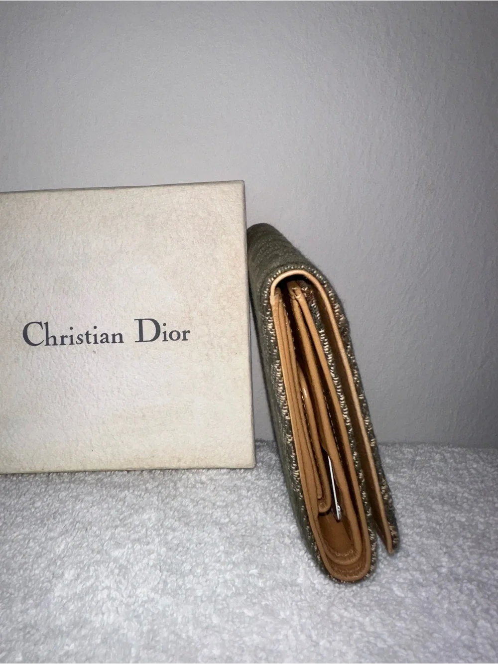 Dior Olive Monogram Canvas Card Holder with Tan Leather Patch